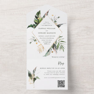 Invitation Tout En Un Code QR Mariage vert de l'aquarelle tropicale