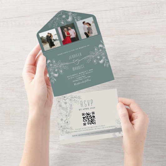 Invitation Tout En Un Code QR Mariage vert Sage moderne (Déchirure)