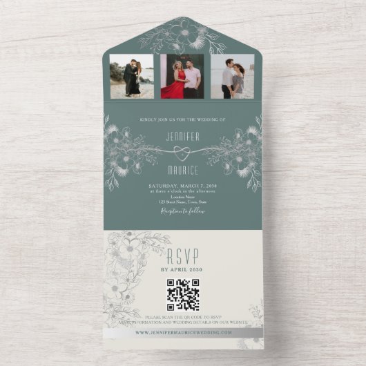 Invitation Tout En Un Code QR Mariage vert Sage moderne (À l'intérieur)