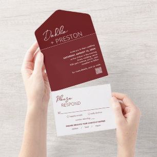 Invitation Tout En Un Code QR minimal Bourgogne Mariage moderne
