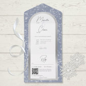 Invitation Tout En Un Code QR moderne Dusty Blue & Snow Silver Foil