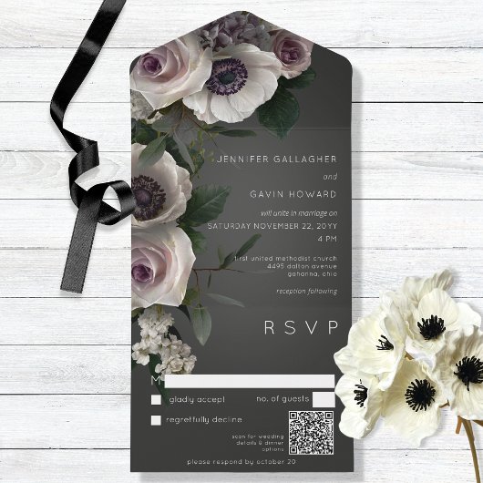 Invitation Tout En Un Code QR moderne floral blanc & charbon foncé