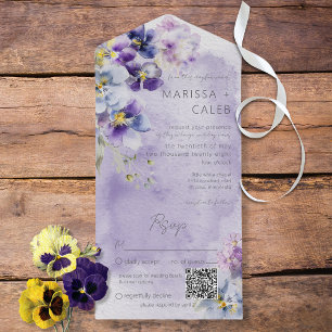 Invitation Tout En Un Code QR moderne floral jaune et violet