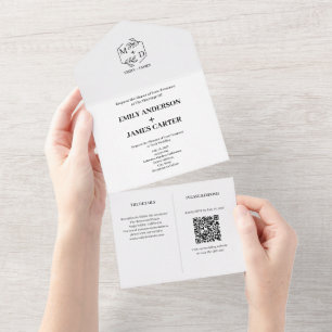 Invitation Tout En Un Code QR Monogramme Botanique Minimal pour Mariage