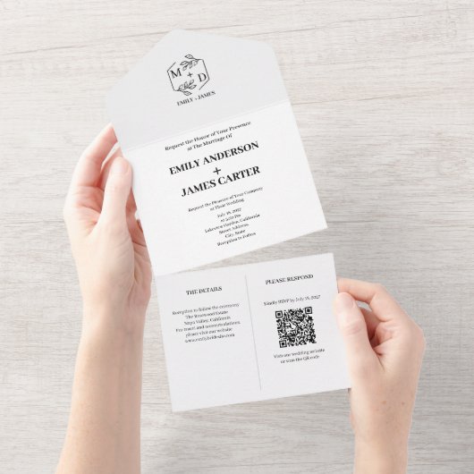 Invitation Tout En Un Code QR Monogramme Botanique Minimal pour Mariage (Déchirure)
