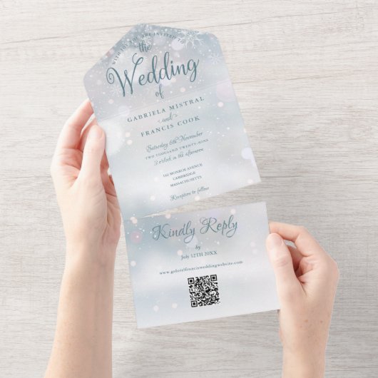 Invitation Tout En Un Code QR monogramme de flocons de neige Mariage d'h (Déchirure)