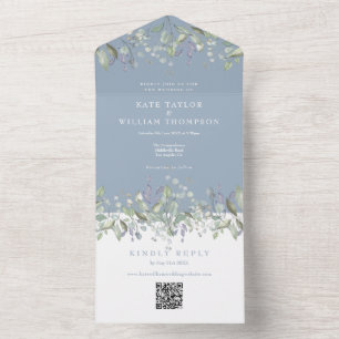 Invitation Tout En Un Code QR Monogramme Fleur de Lilas Bleu Poussiéreux
