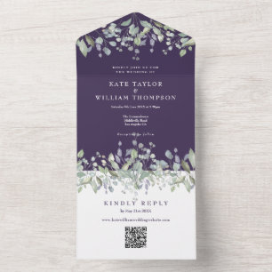 Invitation Tout En Un Code QR Monogramme Fleur de Lilas Mariage Violet
