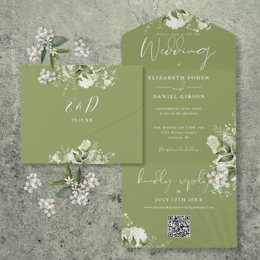 Invitation Tout En Un Code QR Monogramme Fleurs Vert de mousse Mariage