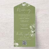 Invitation Tout En Un Code QR Monogramme Fleurs Vert de mousse Mariage (À l'intérieur)