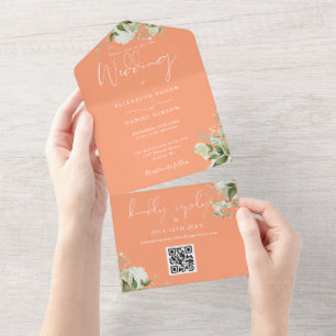 Invitation Tout En Un Code QR Monogramme Floral de Verdure de Pêche Mari