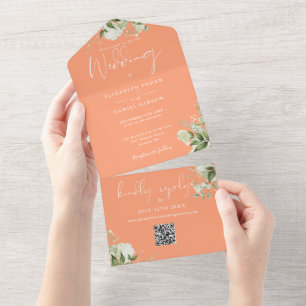 Invitation Tout En Un Code QR Monogramme Floral de Verdure de Pêche Mari