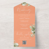 Invitation Tout En Un Code QR Monogramme Floral de Verdure de Pêche Mari (À l'intérieur)