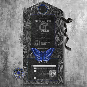 Invitation Tout En Un Code QR Moth filigree noir gothique bleu foncé