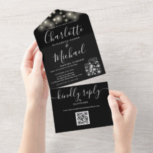 Invitation Tout En Un Code QR noir et blanc Mason Jars Lumières Mariage