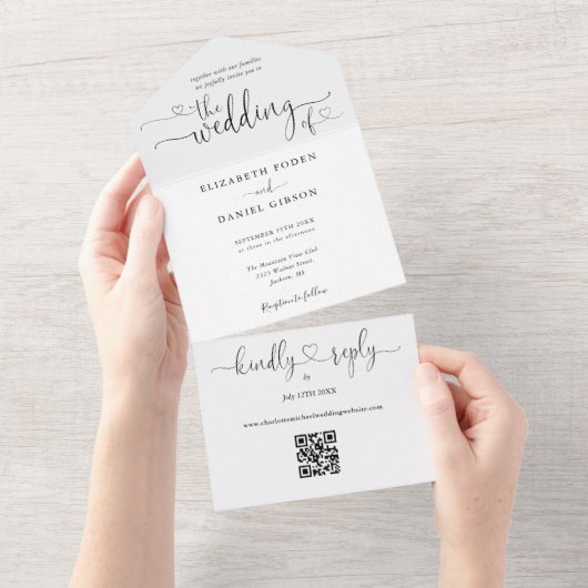 Invitation Tout En Un Code QR noir et blanc Script coeurs Mariage (Déchirure)