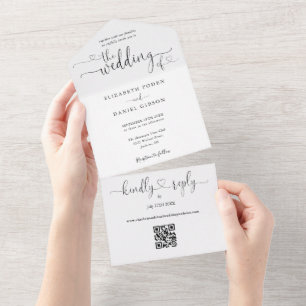 Invitation Tout En Un Code QR noir et blanc Script coeurs Mariage