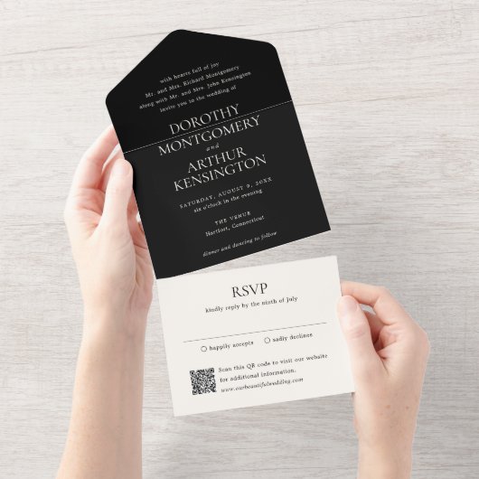 Invitation Tout En Un Code QR noir moderne Élégant Mariage (Déchirure)