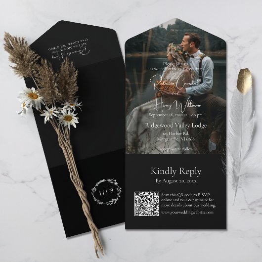 Invitation Tout En Un Code QR noir moderne | Photo | Mariage de monogram