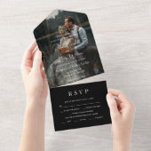 Invitation Tout En Un Code QR noir moderne | Photo | Mariage RSVP Entree (Déchirure)