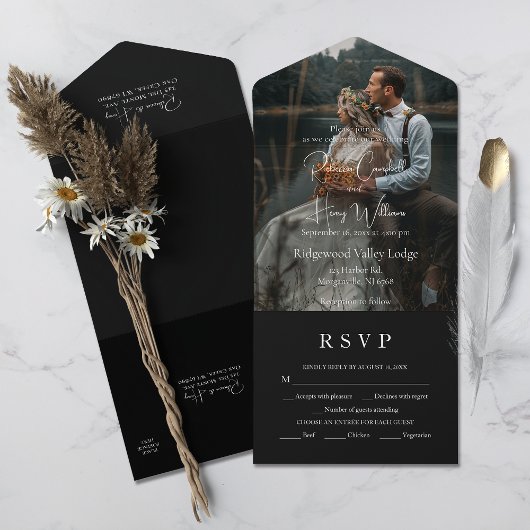 Invitation Tout En Un Code QR noir moderne | Photo | Mariage RSVP Entree