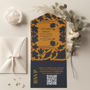 Invitation Tout En Un Code QR Or Bleu Art Nouveau Mariage