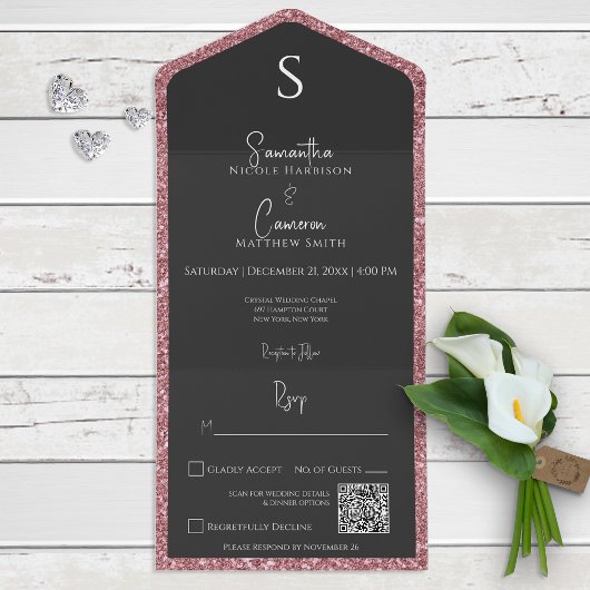 Invitation Tout En Un Code QR Parties scintillant rose et verre noir