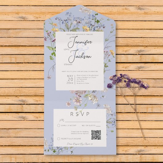 Invitation Tout En Un Code QR Périwinkle Fleur sauvage Boho Delicate