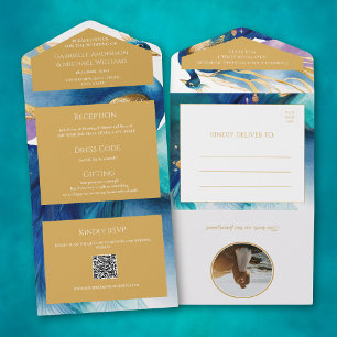 Invitation Tout En Un Code QR photo de mariage bleu paon luxueux tout