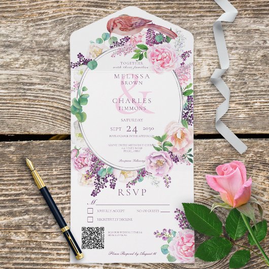 Invitation Tout En Un Code QR romantique Lilac et cadre rose floral oval