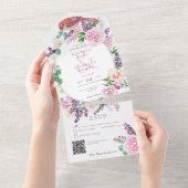 Invitation Tout En Un Code QR romantique Lilac et cadre rose floral oval (Déchirure)