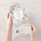 Invitation Tout En Un Code QR romantique Muet blanc & rose floral (Déchirure)