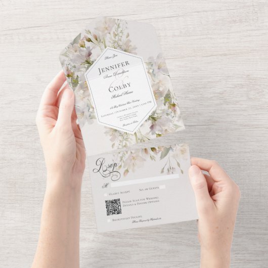 Invitation Tout En Un Code QR romantique Muet blanc & rose floral (Déchirure)