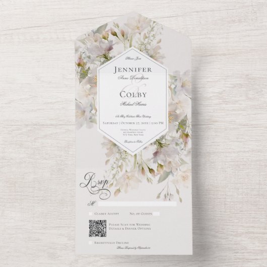 Invitation Tout En Un Code QR romantique Muet blanc & rose floral (À l'intérieur)