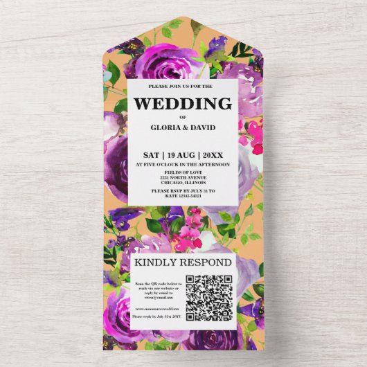 Invitation Tout En Un Code QR romantique violet floral (À l'intérieur)