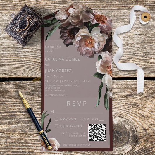 Invitation Tout En Un Code QR rose & bordeaux moderne en fleurs sombres