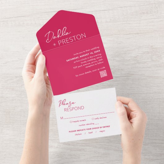 Invitation Tout En Un Code QR Rose Chaud Minimaliste Mariage Moderne (Déchirure)