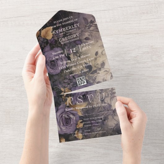 Invitation Tout En Un Code QR Rose élégant, gothique foncé et violet (Déchirure)