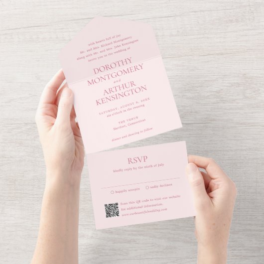 Invitation Tout En Un Code QR Rose Moderne Élégant Mariage (Déchirure)