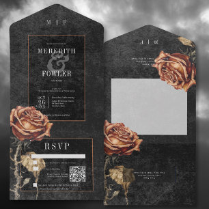 Invitation Tout En Un Code QR Rose noir et rouille foncé gothique
