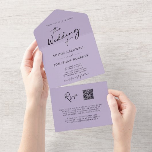 Invitation Tout En Un Code QR RSVP Calligraphie Mariage de lavande tenda (Déchirure)