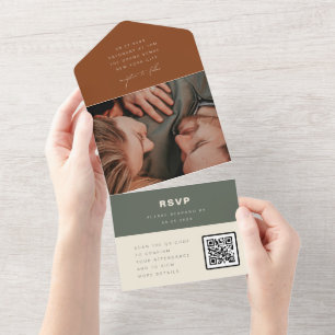 Invitation Tout En Un Code QR RSVP de photo de mariage minimaliste en te