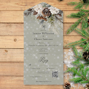 Invitation Tout En Un Code QR Russe Snowfall Pine & White Floral Sage