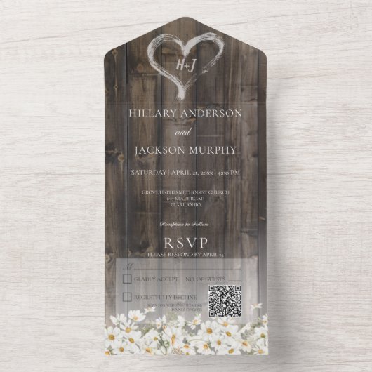 Invitation Tout En Un Code QR rustique Barnwood & Daisies (À l'intérieur)