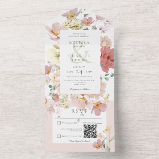 Invitation Tout En Un Code QR rustique blanc et rose pâle (À l'intérieur)