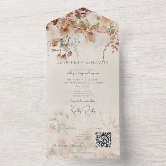 Invitation Tout En Un Code QR rustique neutre rose et bracelet (À l'intérieur)