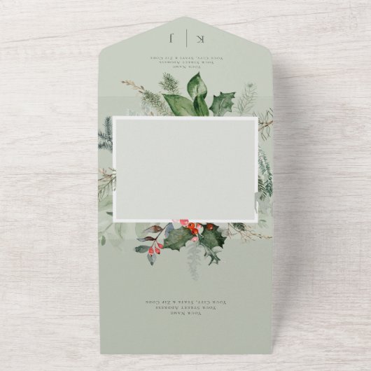 Invitation Tout En Un Code QR rustique Sage Winter Holly & Pine (Dehors)