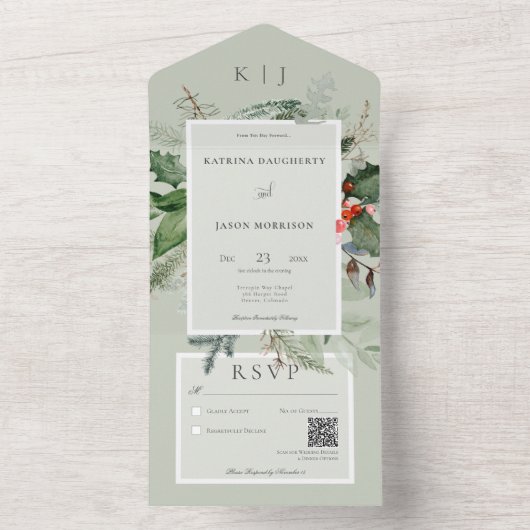 Invitation Tout En Un Code QR rustique Sage Winter Holly & Pine (À l'intérieur)