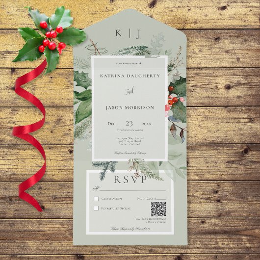 Invitation Tout En Un Code QR rustique Sage Winter Holly & Pine