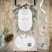 Invitation Tout En Un Code QR rustique Tan Pine Winter Sparkle